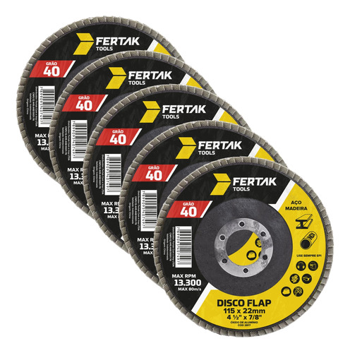 Kit 05 Un Disco Lixa Flap 115mm Grão 40 Madeira Aço Desbaste