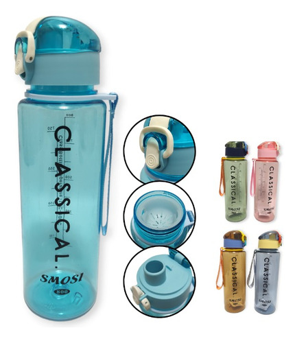 Botella Agua Plástico Filtro Varios Colores Deportiva Sport