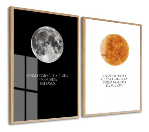 Kit 2 Quadros Decorativos Pôster Sol E Lua Frases Com Vidro