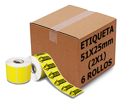 6 Rollos Etiqueta Térmica Amarilla 2x1 (51x25 Mm) C/1000 C/u