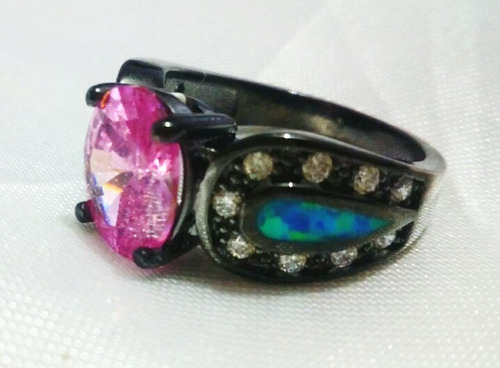 Anillo Plata 925 Oro Negro Gemas Topaz Rosa Ópalo Fuego Azul