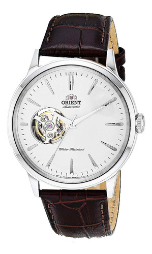 Orient RA-AG0002s10a 'Bambino Open Heart', cor da pulseira japonesa, cor do bisel: marrom, cor de fundo de aço inoxidável, branco