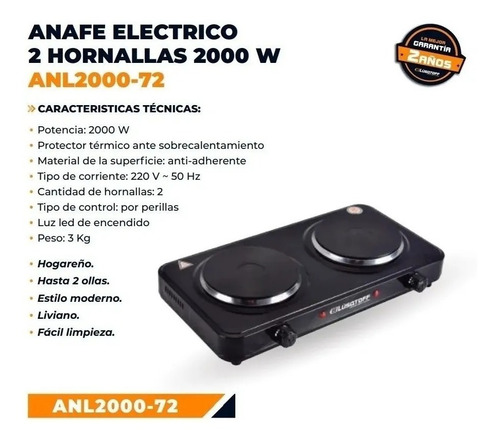 Imagen 4 de 7 de Anafe Eléctrico Lusqtoff 2000w 2 Hornallas Enc Automático