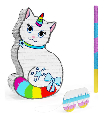 Paquete De Piata Caticorn (gato + Unicornio) Con Vendas Y Mu