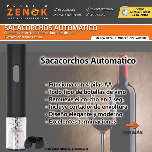 Sacacorchos Automatico Destapador De Vinos Botella Abridor