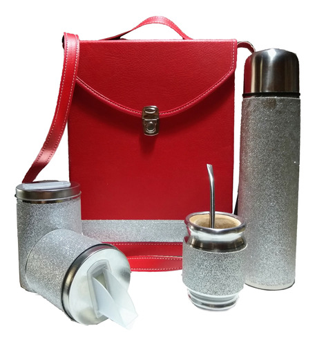 Set Matero Cartera Kit Equipo Rojo Y Glitter Plateado