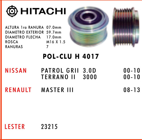 Polea Clutch Alternador Nissan Urban H4017 