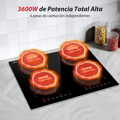 SANGKEE Parrilla De Induccion Electrica De 4 Zonas Con Dos Enchufes, Estufa Táctil Con Digital Sensor 3600w, Control Independiente, Ahorro De Energia, Bloqueo De Seguridad Para Niños, 127V