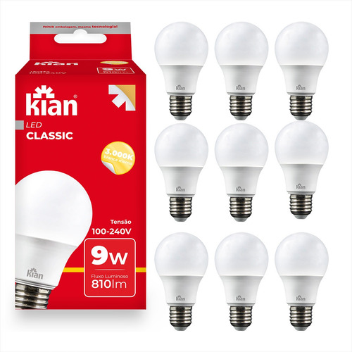 Kit 10 Un - Lampadas Classic Kian 9w Alta Durabilidade Luz Branco-quente 127/220v