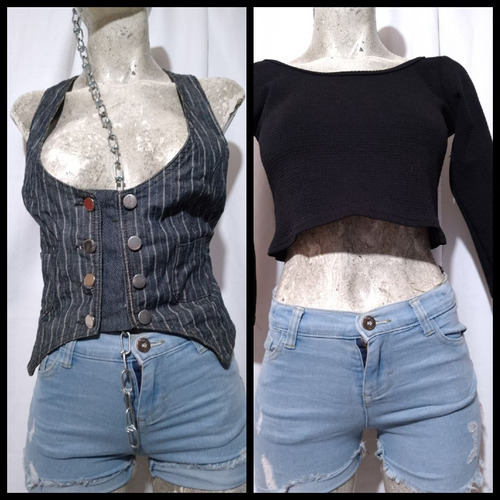 Duo Chaleco Mezclilla Rayas Doble Botonadura+ Crop Top Manga