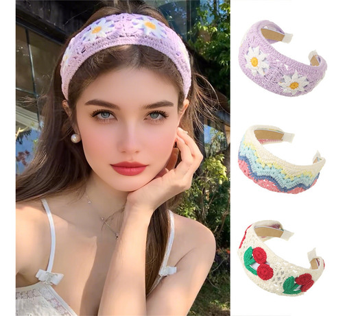 Nueva Diadema Ancha De Flores Tejidas Estilo Étnico.