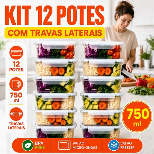 Kit 12 Potes Marmita 750 Ml Reutilizavel Freezer Microondas