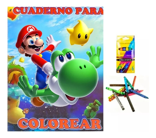 Mario Bros 20 Libreta P Colorear + Crayolas Recuerdo