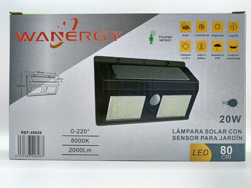 Lampara Solar Con Sensor Para Jardin 20w 40626 Wanergy
