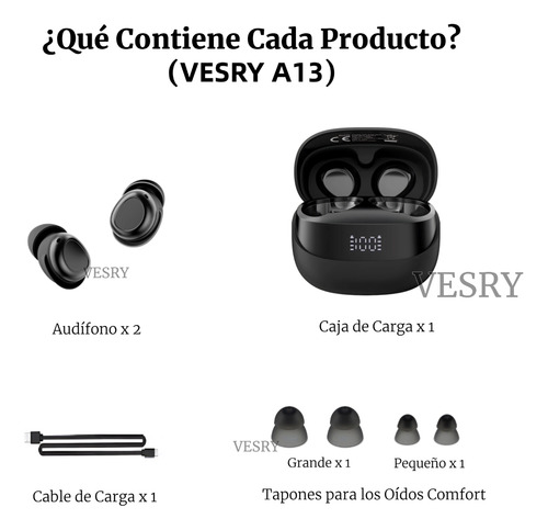 VESRY A13 Auriculares Bluetooth Inalámbricos Audífonos Manos Libres Accesorios para Celulares Iphone Android Gamer Pc Con Estuche de Carga y Reducción de Ruido Negro