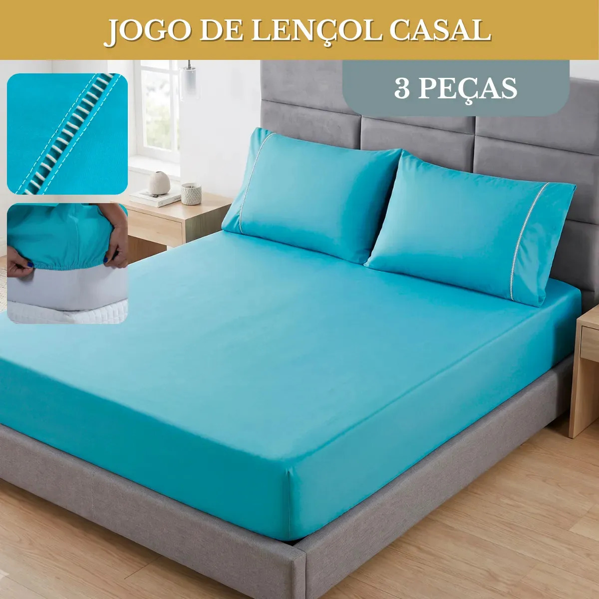Jogo De Lencol Casal 3 Pecas Micropercal 400 Fios Com Elastico Fronhas Ponto Palito Toque Macio Acetinado Premium - Azul Turquesa