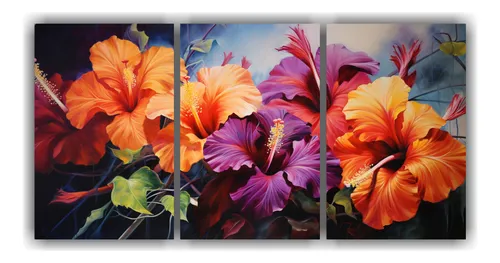 comprar 150x75cm Tríptico Tema Simetrico A Hibiscus Flowers Abstrac