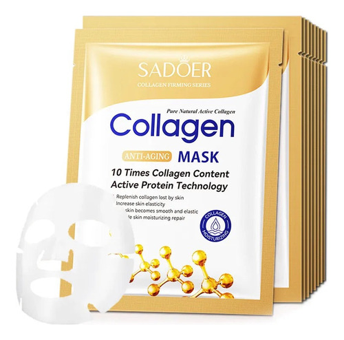 10 Mascarillas Faciales De Colágeno Sadoer Anti-edad 25g