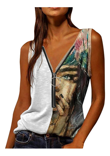 Polera X Con Cuello En V Y Cremallera Para Mujer, Estampad