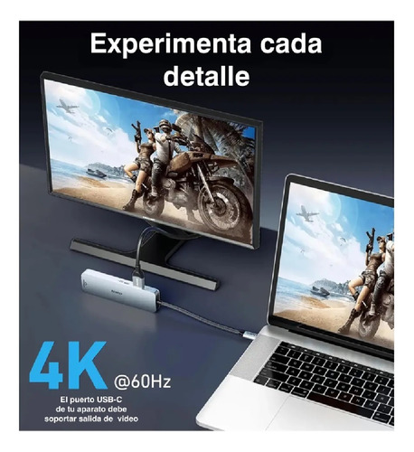Adaptador Hub Usb 6 En 1 Usb-c Hdmi Rj45 Usb 3.0 Usb-c Pd Gris