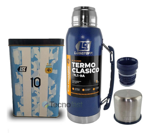 Termo Azul Acero Inox Lusqtoff 1 Litro Frio Calor + Yerbera