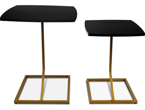 Conjunto Jogo Mesa De Canto Lateral Tip Tampo Quadrado Cor Dourado/preto