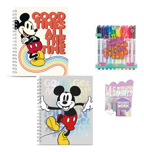 Kit Set Mickey Mouse Cuaderno A5 Microfibras Post It Mooving