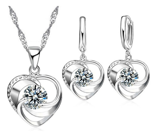 Conjunto Baño Plata 925  Collar Aros Corazón Mujer Cristal