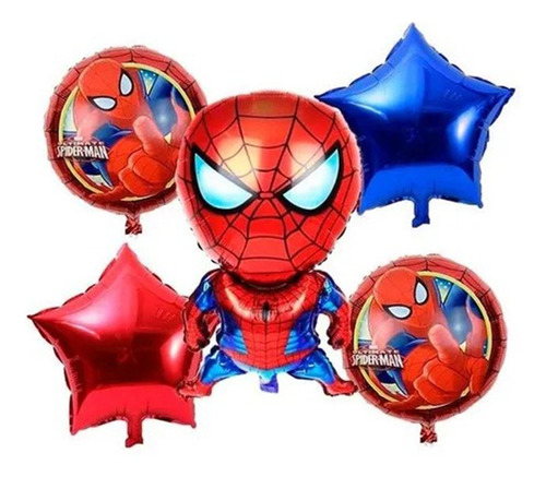 Set 5 Globos Metalizado Spiderman Feliz Cumple Apto Helio