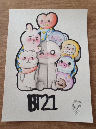 Dibujo Acuarela A Mano - Bt21 - Para Enmarcar 9x12 Pulgadas (Usado)