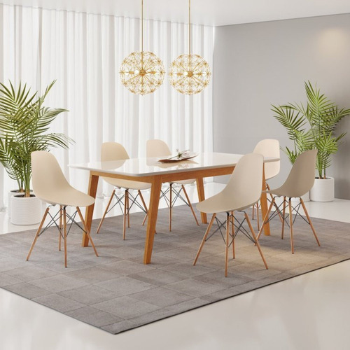 Conjunto Mesa Retangular Vidro/mdf Com 6 Cadeiras Eames Wt