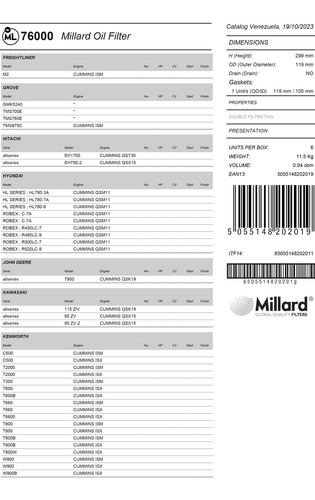 Filtro De Aceite Millard Ml-76000 Motores Cummins Ism