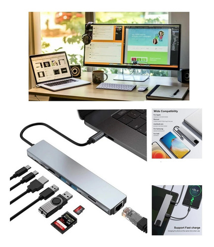 Hub Adaptador 8 em 1 Dock Station USB-C de 8 Portas com Hdmi, Ethernet RJ-45, USB 3.0, USB-C e MicroSD/SD/TF Exbom UDC-PHNR1008A Compatível Com Pc, Notebook E Macbook
