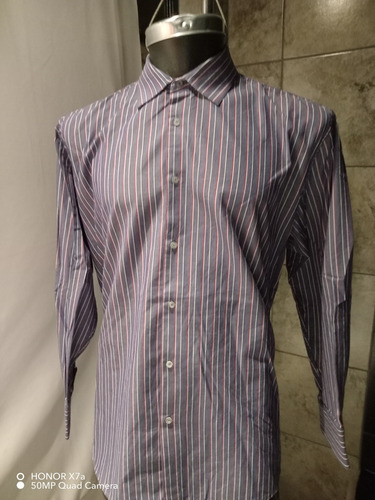 Camisa Buffalo 17 1/2-34-35 Azul Rayas En Vino Y Blanco 