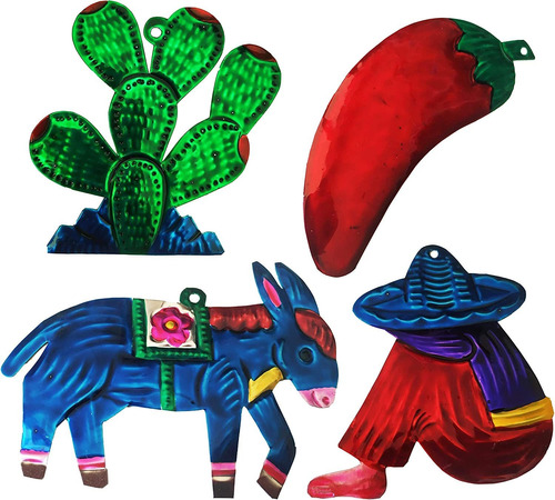 Adornos Mexicanos De Estaño, Arte Mexicano Juego De 4,...