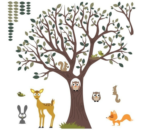 Vinilo Decorativo Árbol Infantil-i 40, Animalitos Del Bosque Color Multicolor