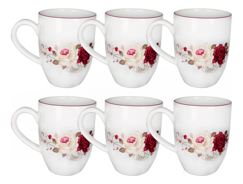 Juego 6 Tazas Decoradas Flores Cerámica 380 Ml Vencort