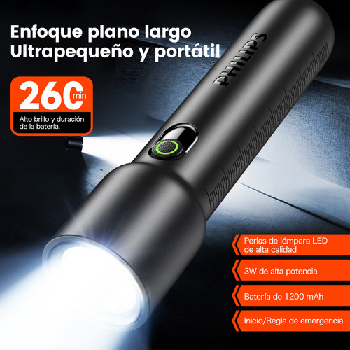 Philips Linterna Tactica Linternas Potentes Led Recargable Impermeable 110lm 3w Negro Sfl-1235