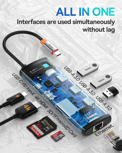 Hub Baseus 8 En 1 Microsdxc, Ethernet, Minisd, Hdmi, Usb 3.0