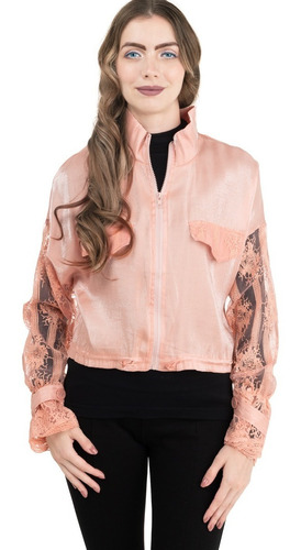 Chamarra Bomber Satin Manga Encaje Sexy Boton Romantica.