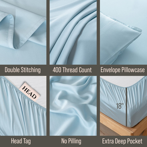 Luxury King Size Bamboo Set 4 Pz Ultra Suave 400 Hilos Coastal Blue Solido
