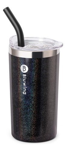 Vaso Delgado Con Tapa Y Popote Acero Inoxidable Glitter Negr