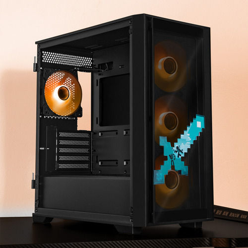 Gabinete Gamer Xtreme Pc Gaming Minecraft Steve Edition Micro Torre Micro Atx 4 Fan Argb Usb-c Cristal Templado Frente Intercambiable