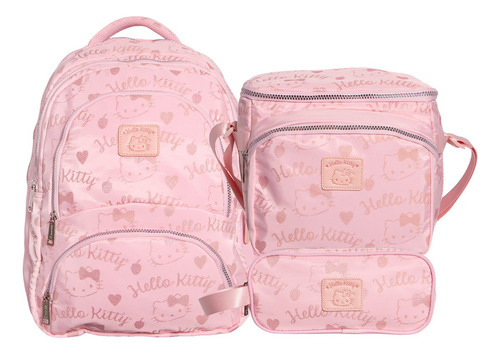 Kit Mochila Hello Kitty Lonchera Lapicera Original Juvenil Rosa Rosa