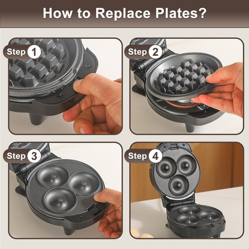 Mini Waffles Maker 3 En 1 Con 6 Placas Removibles, No Stick