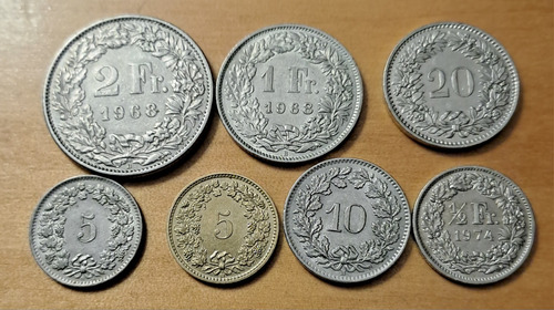 Suiza X 7 Monedas Incluye 1 Y 2 Francos 1968. Usadas!!! (Usado)