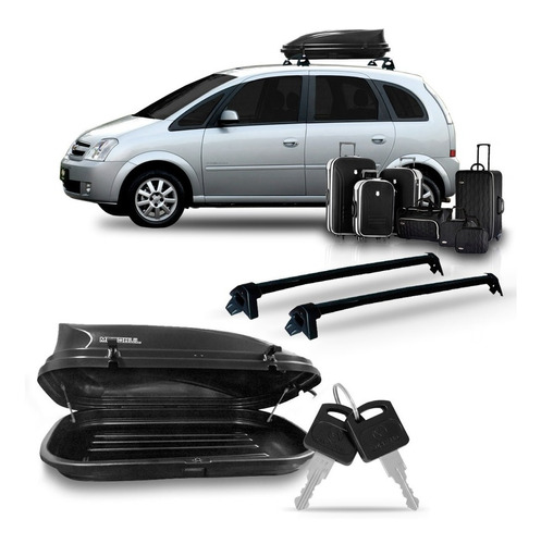 Kit Rack Meriva Aluminio Preto Com Bau Maleiro 350 Litros