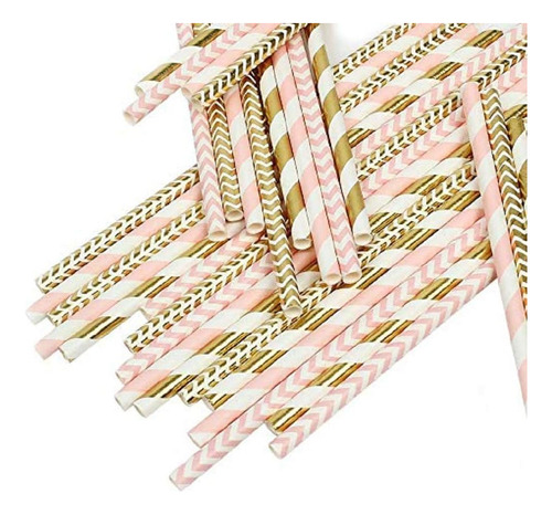 Pajitas De Papel Biodegradables, 100 Pajitas Rosa/doradas Pa
