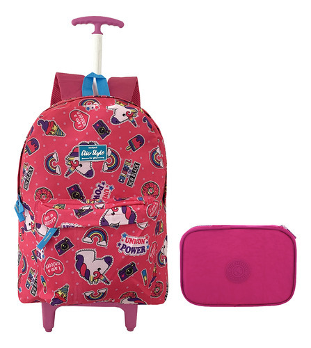 Mochila De Rodinhas Reforçada Espaçosa Unicornio - Kit Cor Rosa