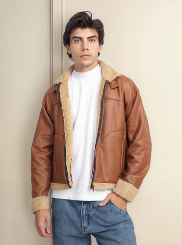 Campera De Cuero Craquelado Con Peluche Para Hombre Kiev Ba
